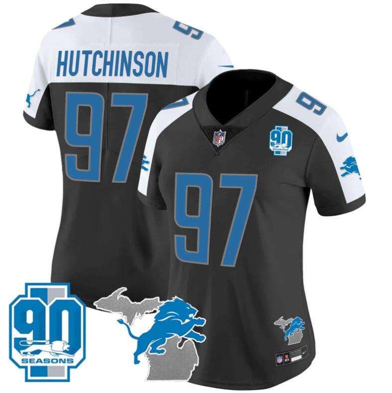 Women Detroit Lions #97 Hutchinson 90th Year Michigan Patch 2024 NFL Nike black jerseys